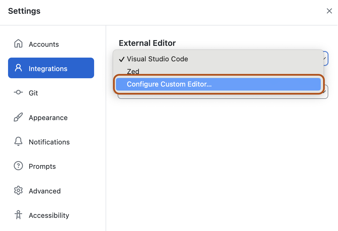 Captura de tela da janela Preferências. Em Editor externo, o menu suspenso é exibido com Configurar editor personalizado destacado em azul e delineado em laranja.