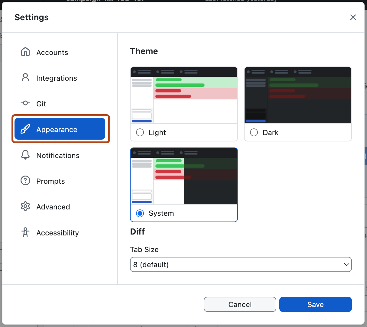 Screenshot of the "Settings" window. In the left sidebar, the "Appearance" option is highlighted in blue and outlined in orange.