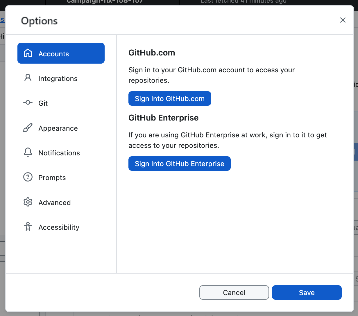 Screenshot of the "Accounts" pane in the "Options" window. Blue buttons labeled "Sign Into GitHub.com" and "Sign Into GitHub Enterprise" are shown.