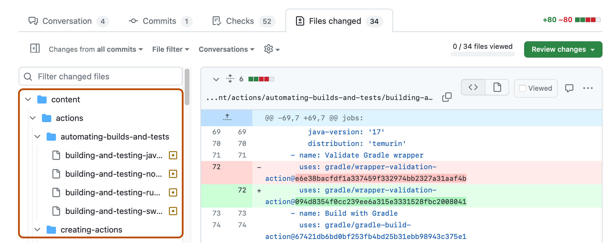 Screenshot of the "Files changed" tab of a pull request. In the left sidebar, the file tree is outlined in dark orange.