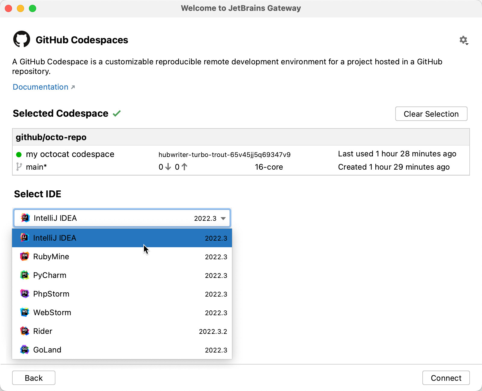 Screenshot the "Select IDE" dropdown list in the JetBrains Gateway. The mouse pointer is pointing to "IntelliJ IDEA."