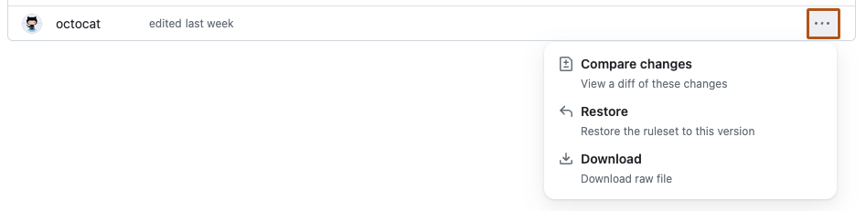 Screenshot of the page for repository rulesets history. A dropdown menu labeled with three dots is expanded and highlighted with an orange outline.