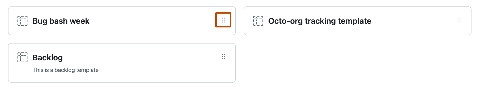 Screenshot of an organization's recommended templates settings. The 'Drag to reorder' handle is highlighted with an orange outline.