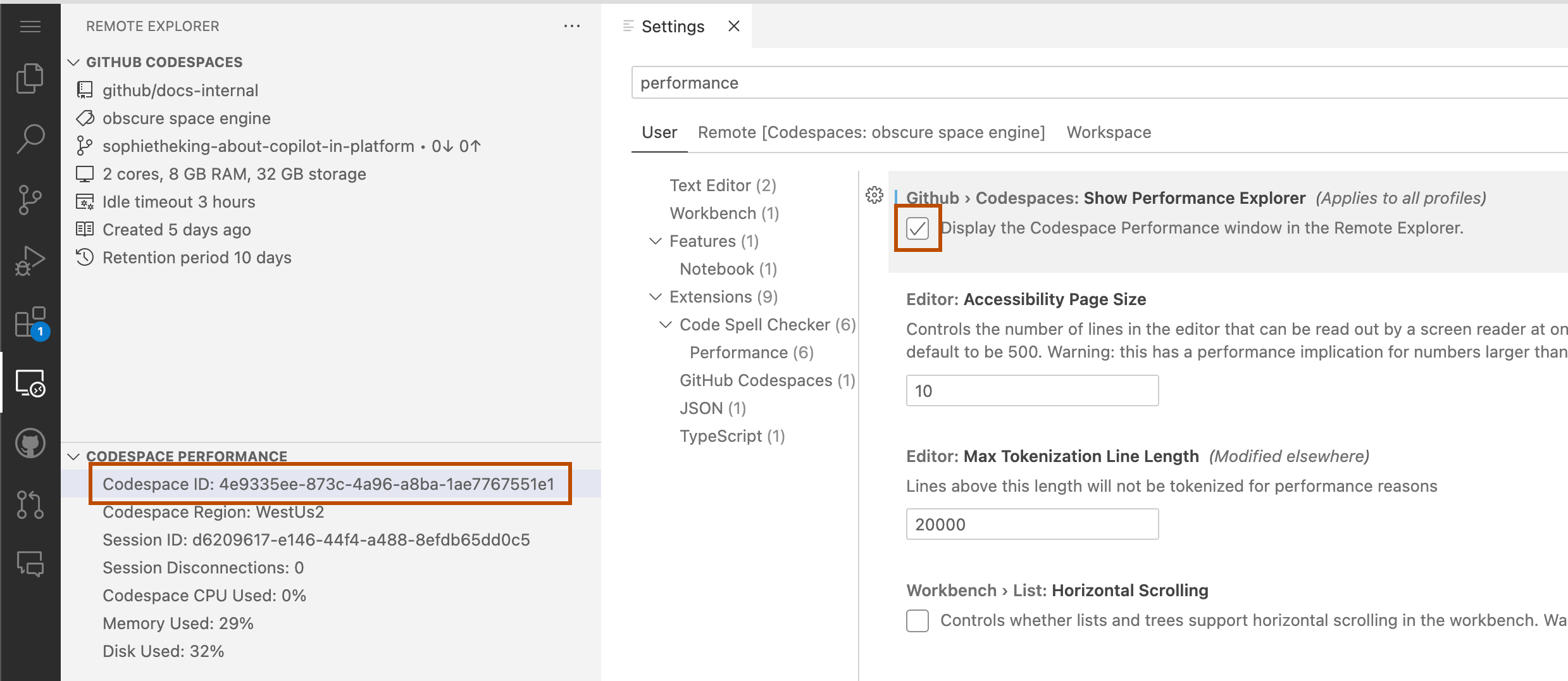 Screenshot of "Show Performance Explorer" selected in VS Code's "Settings" tab and a codespace ID highlighted in the "Remote Explorer" side bar.