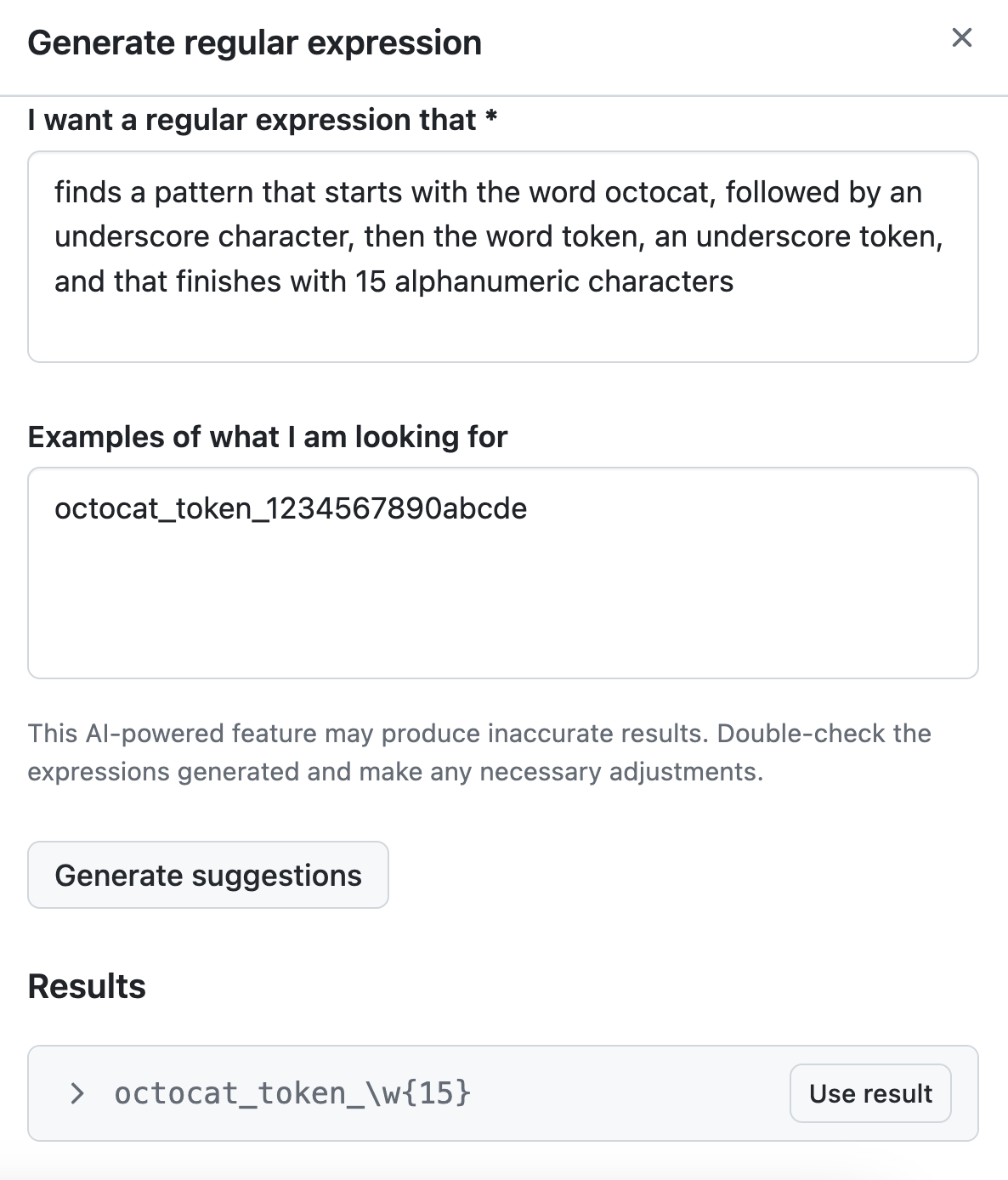 Screenshot of a filled custom secret scanning pattern form for the generator to use.