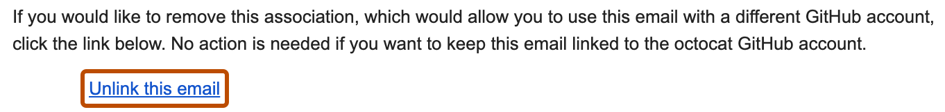 Screenshot of an email from GitHub to unlink an email address from a GitHub account. A link with the text "Unlink this email" is outlined in orange.