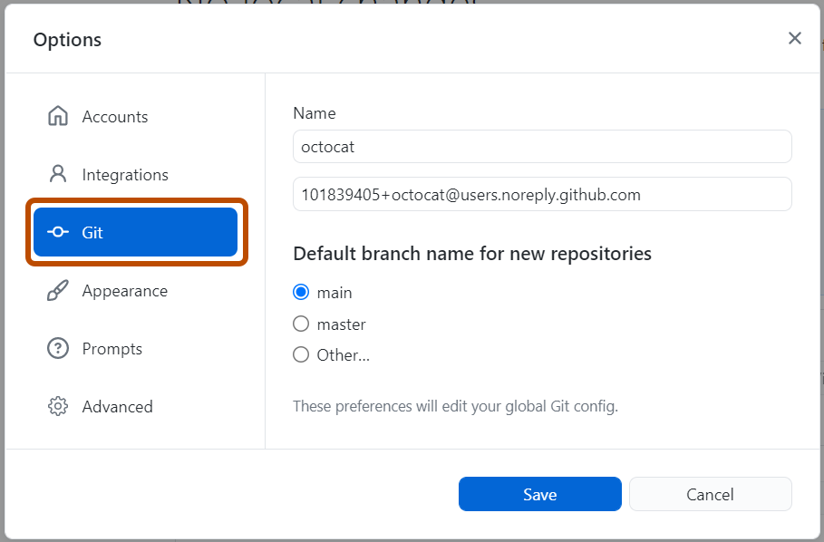 Screenshot of the "Git" pane in the "Options" window. In the left sidebar, an option labeled "Git" is highlighted in blue and outlined in orange.