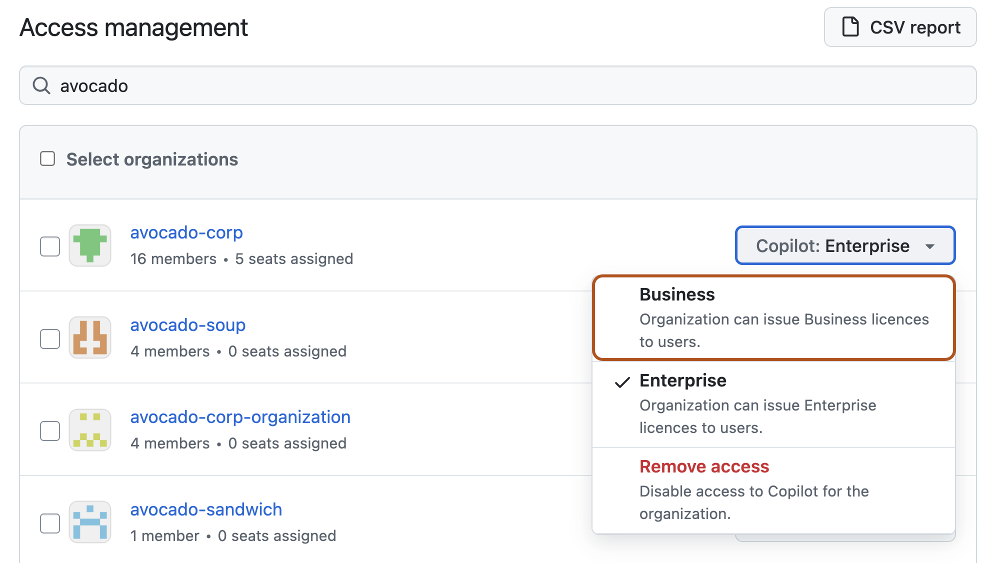 Screenshot of the Copilot "access management" page. A dropdown menu is selected, and a button labeled "Business" is highlighted with an orange outline.