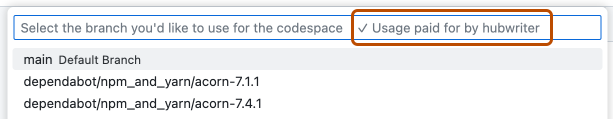 Screenshot of a prompt for a branch, with the message "Usage paid for by hubwriter."
