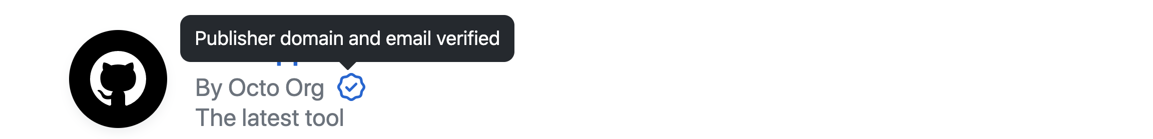 Screenshot of a marketplace badge for a GitHub App. The mouse pointer is hovering over an icon displaying the tooltip "Publisher domain and email verified."