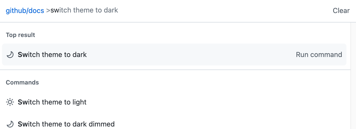 Screenshot of the command palette. "switch theme to dark" is in the command palette input, and results for changing your theme are displayed.