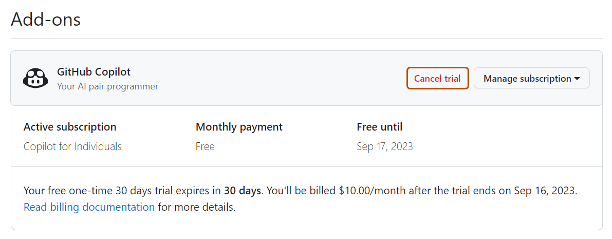 Screenshot of the GitHub Copilot section of the "Plans and usage" page. The "Cancel trial" option is highlighted in dark orange.