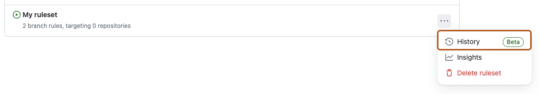 Screenshot of the page for repository rulesets. Below a button labeled with three dots, an option labeled "History" is outlined in orange.