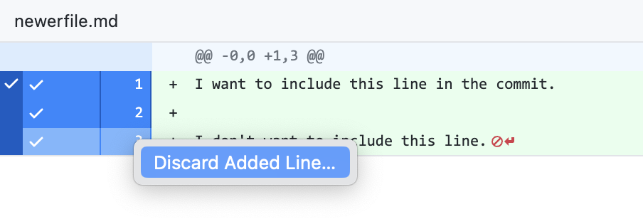 Screenshot of the diff view of a file. In a context menu, a cursor hovers over "Discard Added Line", highlighted in blue.