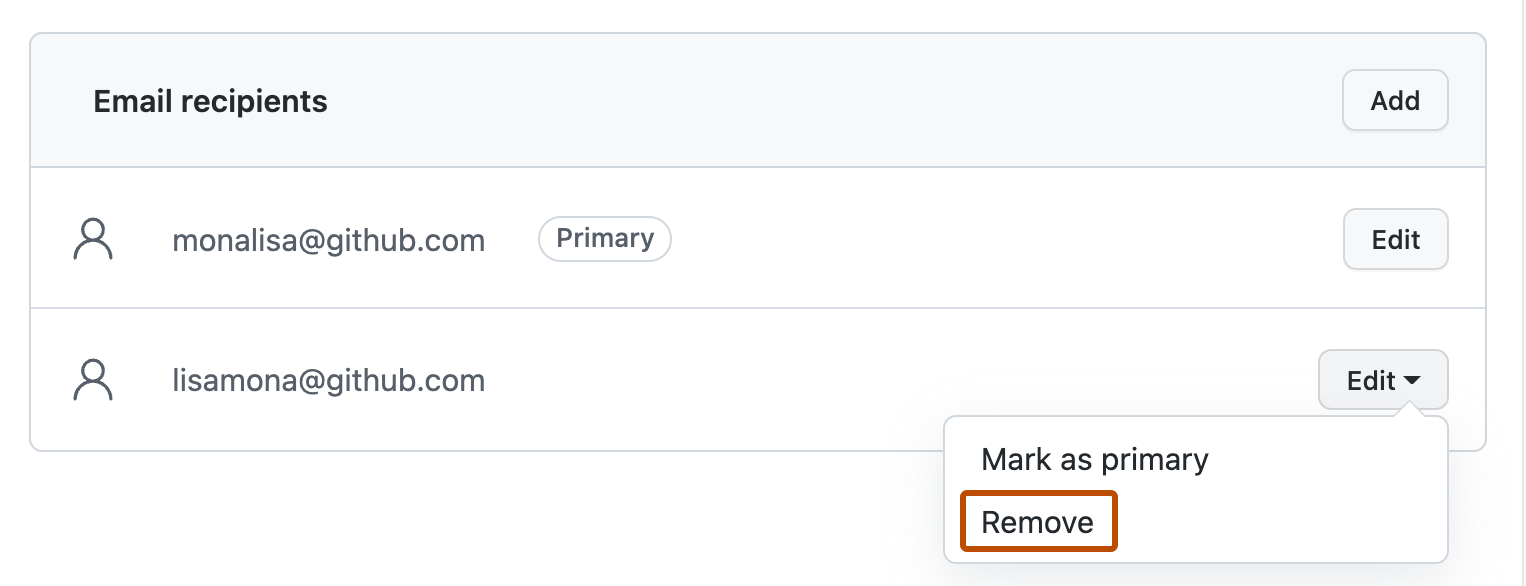 Screenshot of the "Email recipients" section. Next to an email address, under the "Edit" dropdown, "Remove" is highlighted with an orange outline.