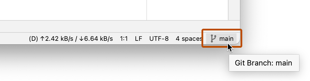 Screenshot of the status bar, with the tooltip for the branch name displayed. The branch icon and name, "main," are highlighted with a dark orange outline.