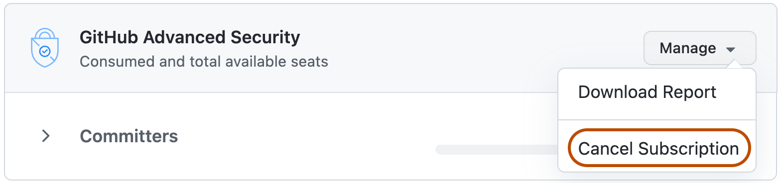 Screenshot of the "Manage" dropdown in the GitHub Advanced Security licensing screen. The "Cancel Subscription" button is highlighted with an orange outline.
