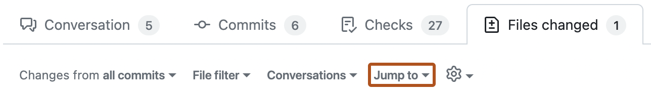 Screenshot of the "Files changed" tab for a pull request. The "Jump to" option is outlined in dark orange.