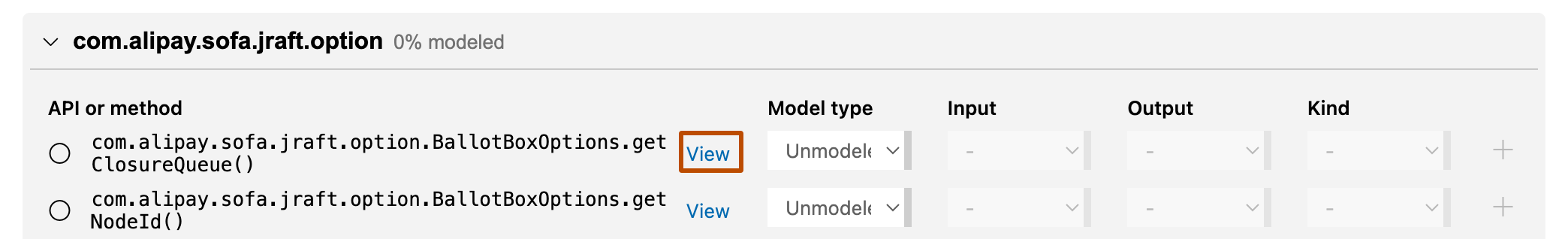 Screenshot of the "Dependency mode" view of the CodeQL model pack editor in Visual Studio Code showing one model for the "com.alipay.sofa.jraft.option.BallotBoxOptions.getClosureQueue()" method. The "+" button is outlined in dark orange. Click this button to create a second model for the method.