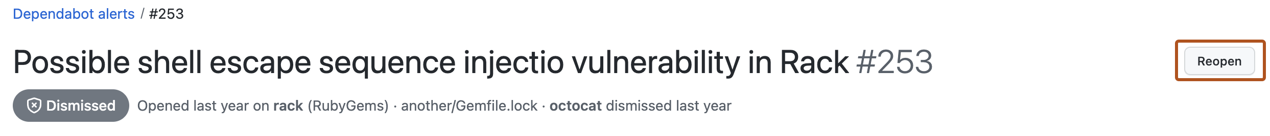 Screenshot showing a closed Dependabot alert. A button, titled "Reopen", is highlighted in a dark orange outline.