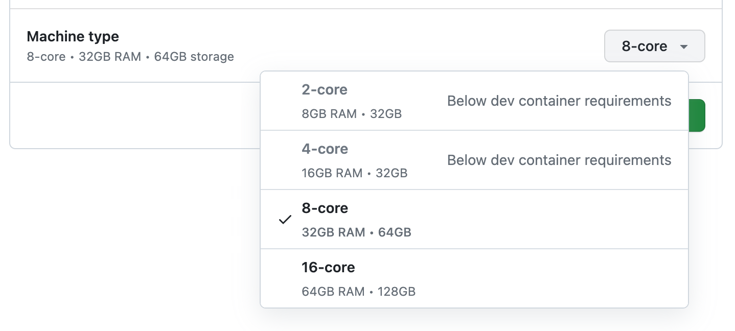 Screenshot of a list of machine types. The 2- and 4-core options are labeled "Below dev container requirements."