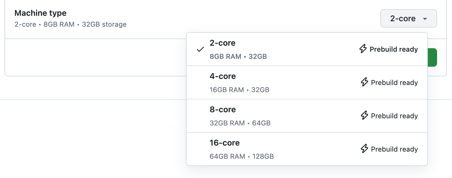 Screenshot of a list of available machine types: 2, 4, 8, 16, and 32 core, all labeled "Prebuild ready."