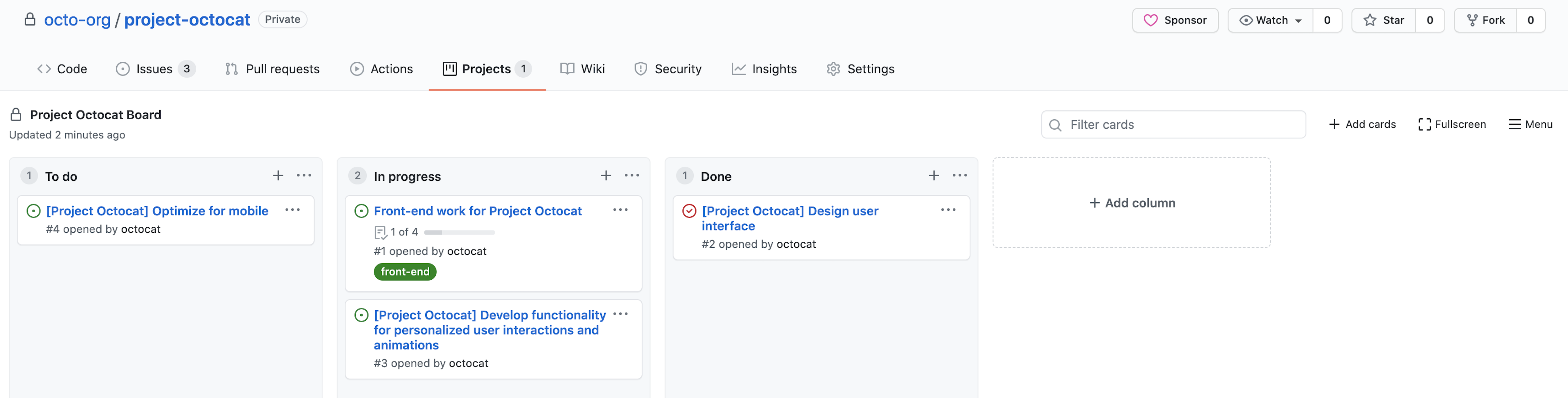 Screenshot of a project (classic) called "Project Octocat Board," with issues organized into columns for "To do", "In progress," and "Done."