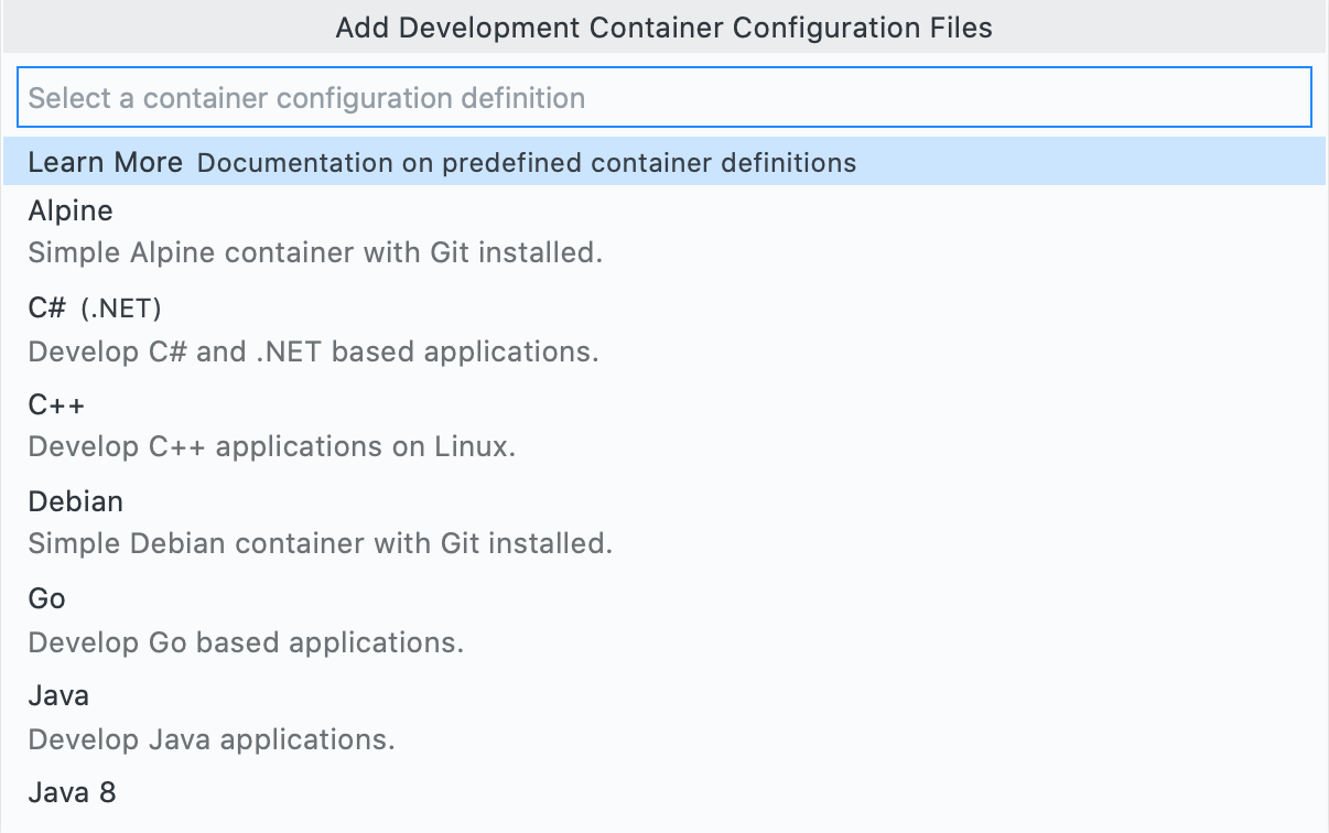 Screenshot of the "Add Development Container Configuration Files" menu with the dropdown showing options such as "Alpine," "C# (.NET)," "C++," and "Debian."