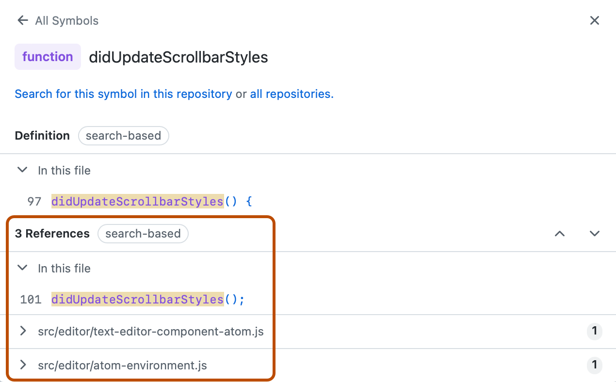 Screenshot of the function window. A section, titled "3 References," is outlined in dark orange.