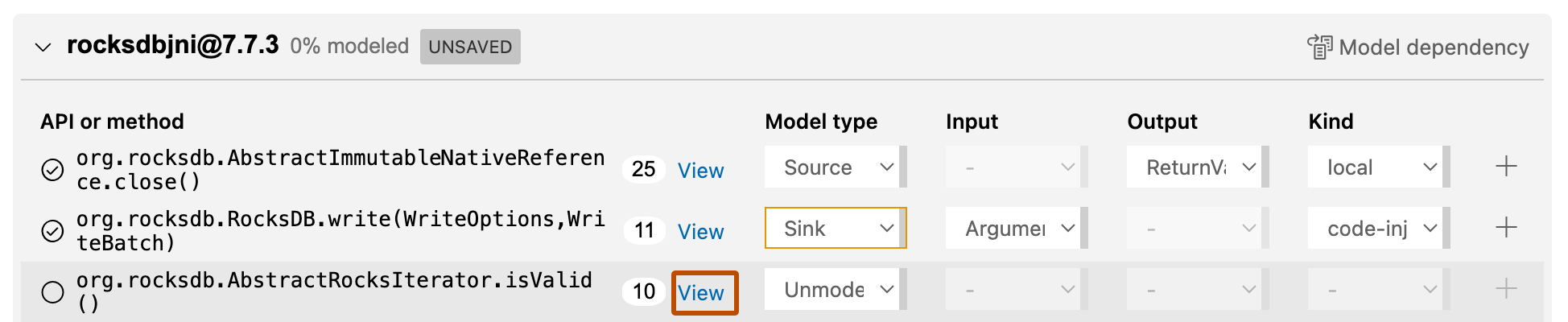 Screenshot of the "Application mode" view of the CodeQL model pack editor in Visual Studio Code showing the calls to the "rocksdbjni" framework ready for modeling. The "View" option for the first call is highlighted with a dark orange outline.