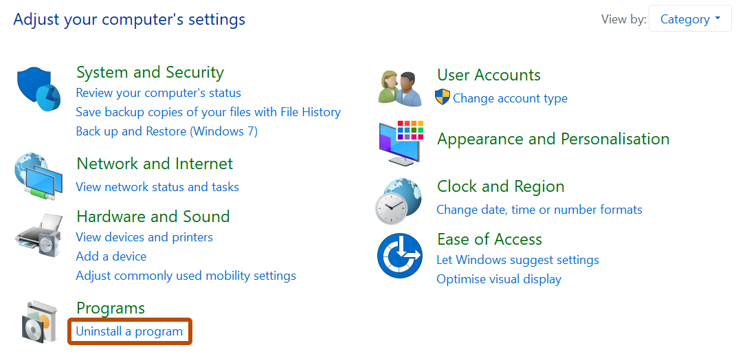 Screenshot of a window labeled "Adjust your computer's settings". A link, labeled "Uninstall a program", is highlighted with an orange outline.