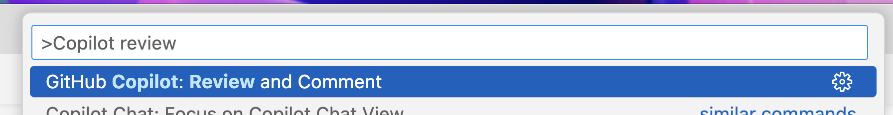 Screenshot of the command palette in Visual Studio Code with the GitHub Copilot: Review and Comment command selected.