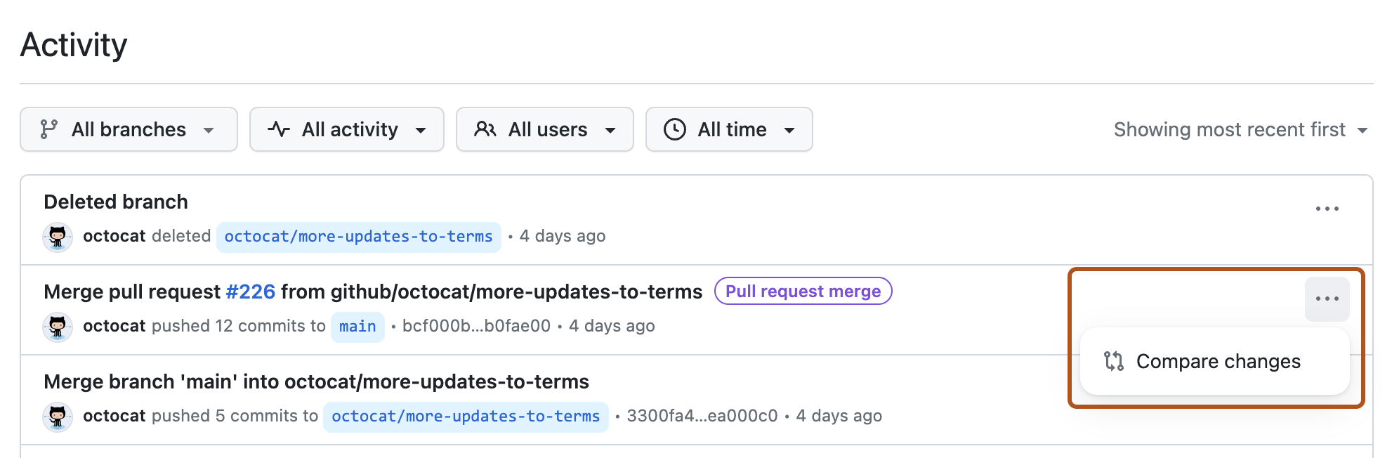 Screenshot of a repository's activity view. The horizontal kebab icon, and a pop-up button, labeled "Compare changes", are highlighted with a dark orange outline.