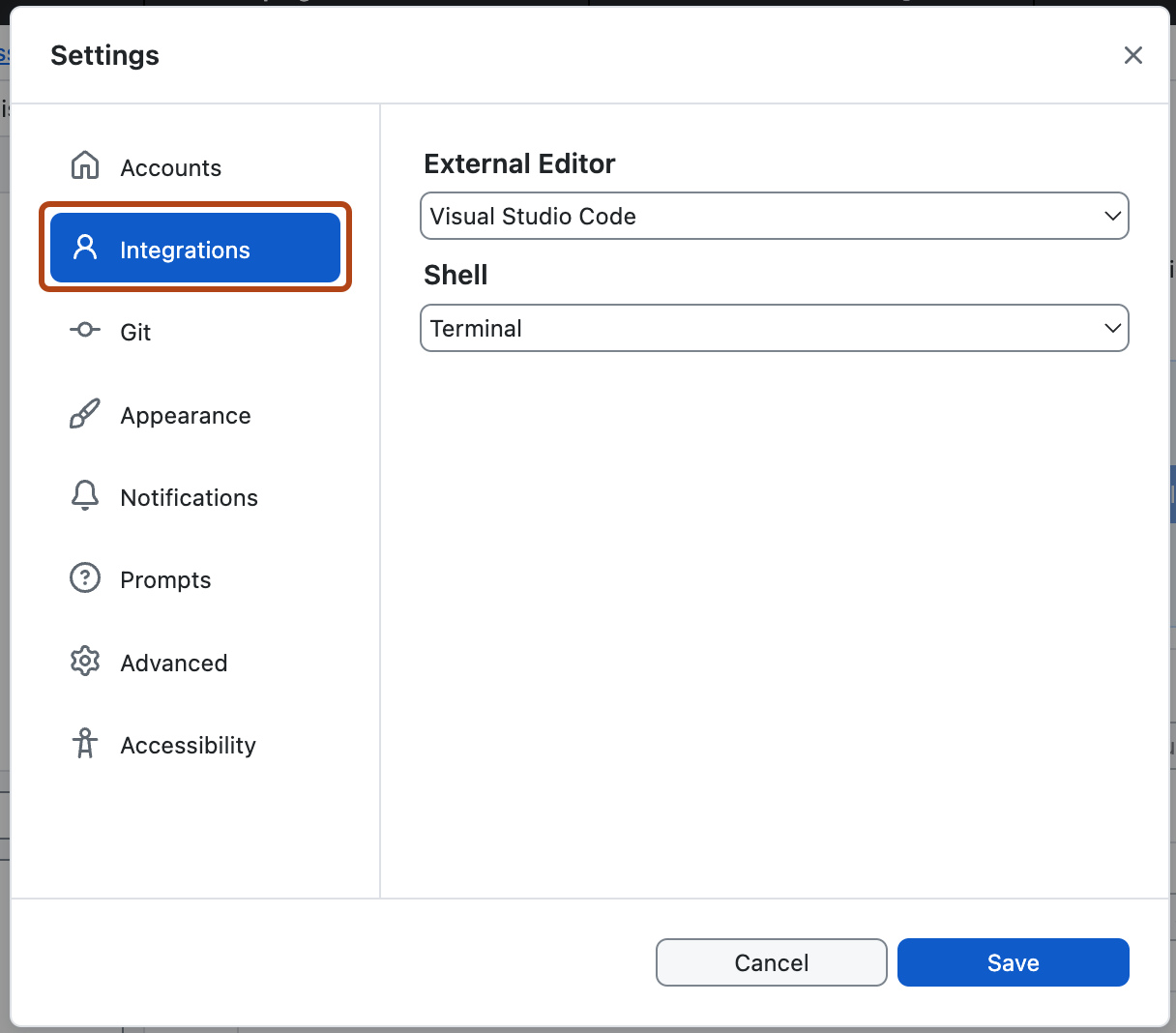 Screenshot of the "Settings" window. In the left sidebar, the "Integrations" option is highlighted in blue and outlined in orange.