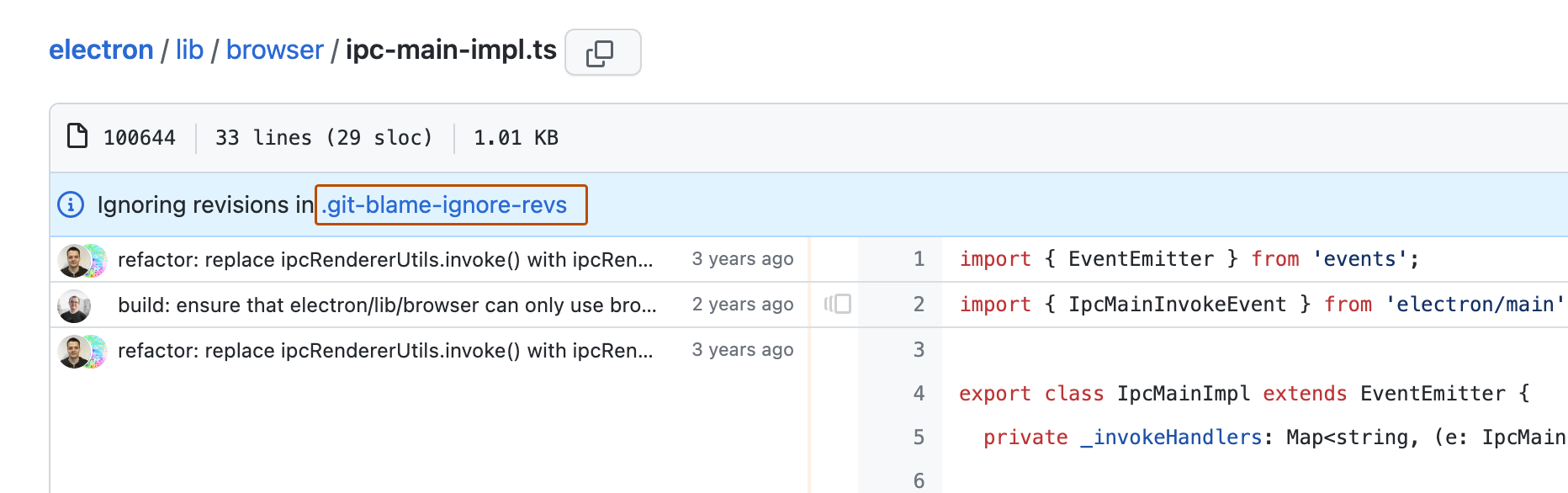 Screenshot of the blame view for the "ipc-main-internal.ts" file. A blue banner states that the information is "Ignoring revisions in .git-blame-ignore-revs." The link to the .git-blame-ignore-revs file is outlined in dark orange.